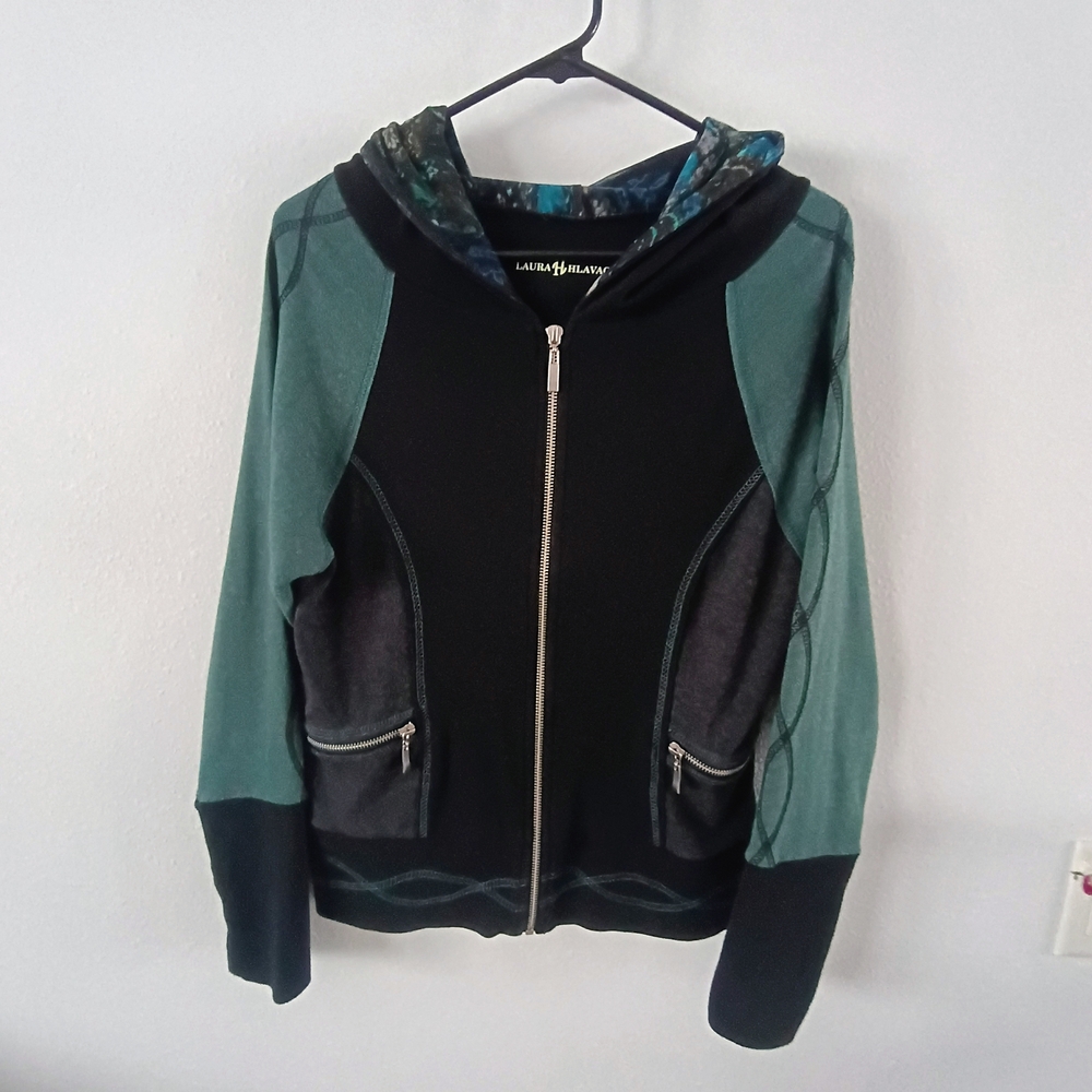 Laura Hlavac Designer Athletic Jacket Zip Hoodie Black Teal Mesh Trim S